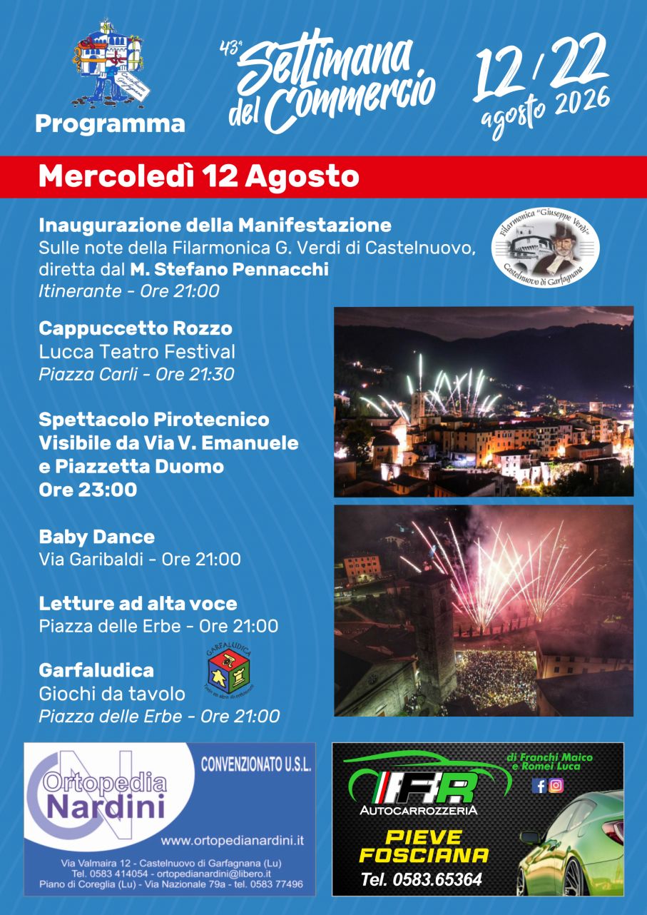 GRANDE ATTESA A CASTELNUOVO PER L’AVVIO DELLA SETTIMANA DEL COMMERCIO: IL 12 AGOSTO LO SPETTACOLO PIROTECNICO MUSICALE DÀ IL VIA ALLA FESTA
